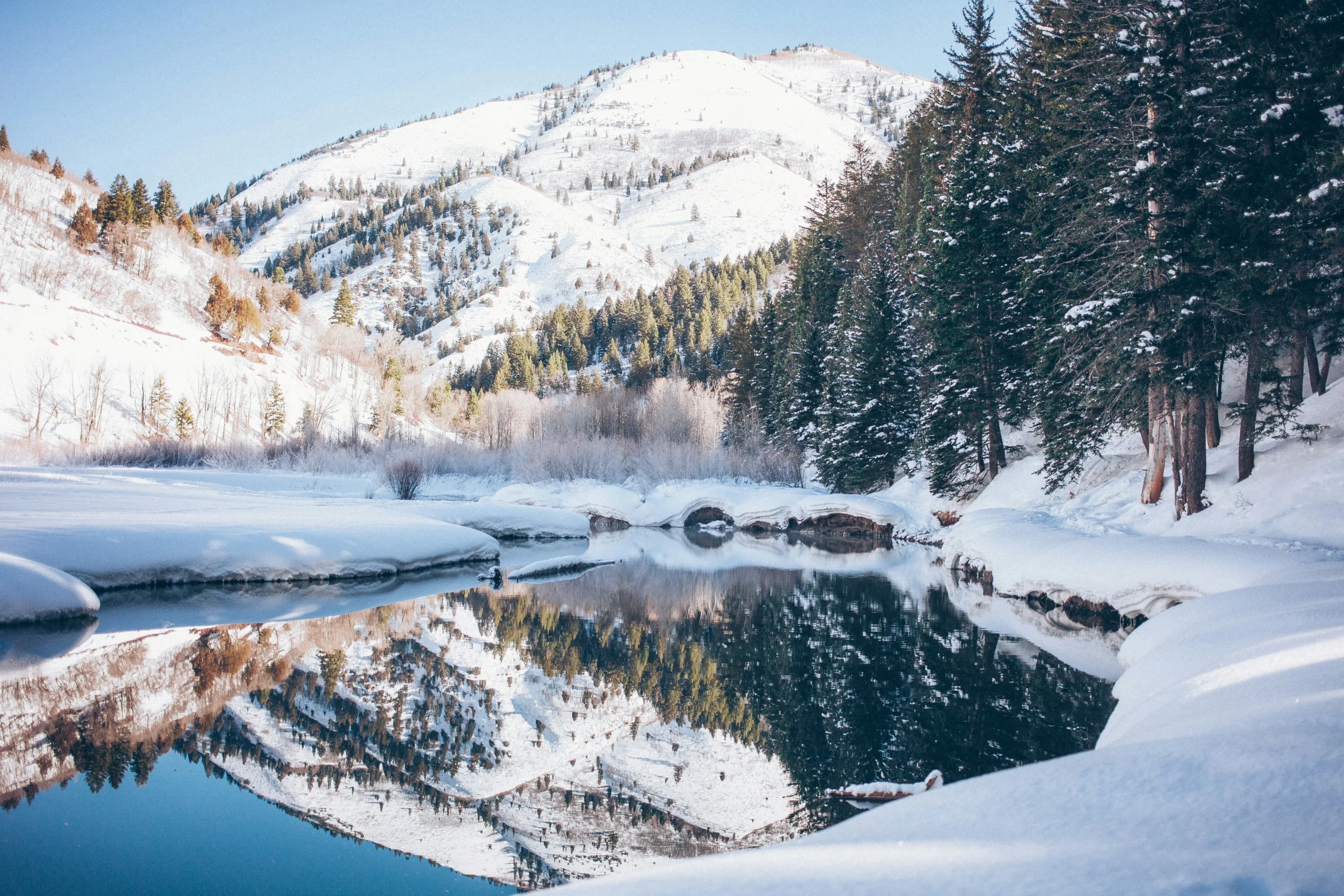 snowy mountain and lake